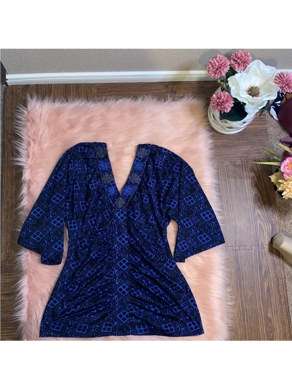 Women's Blue V-Neck Ruched Top with Embellished Buttons